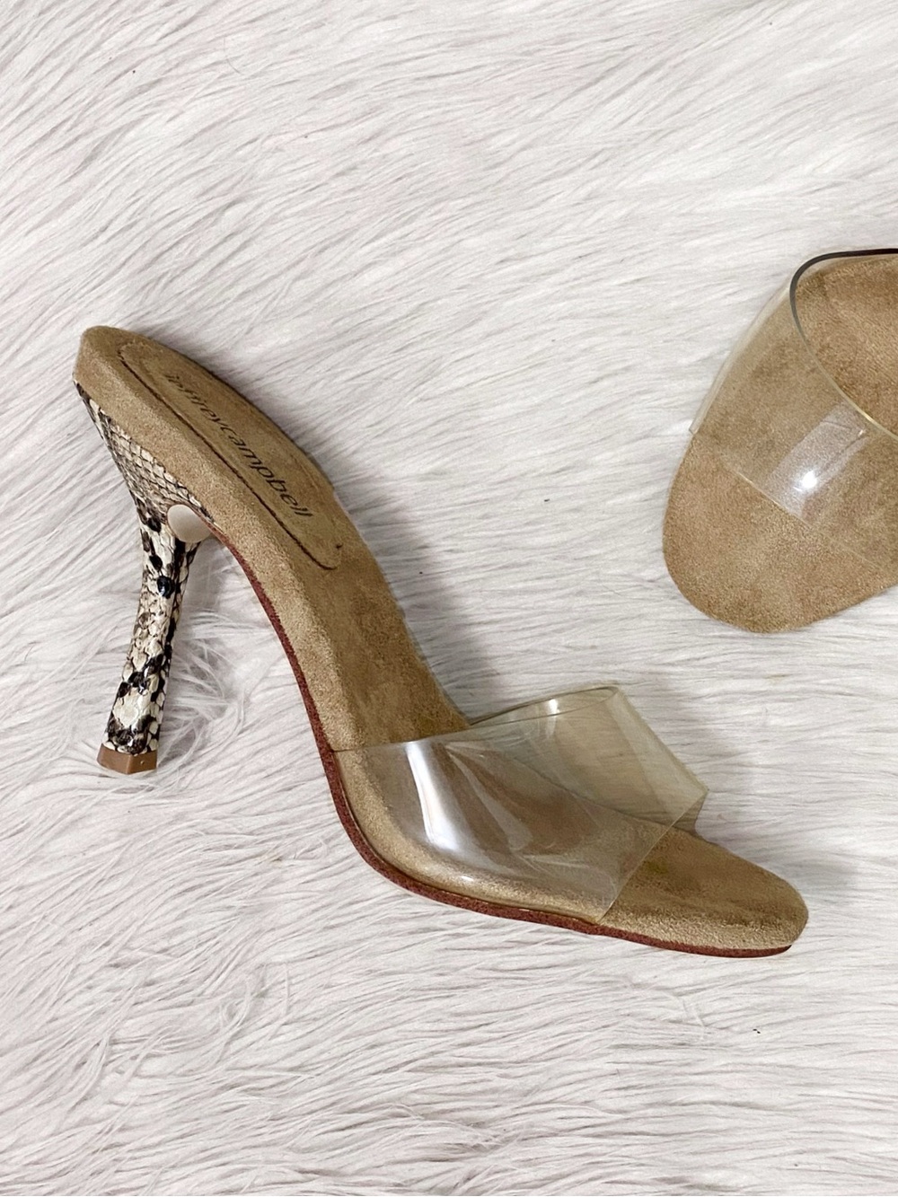 Jeffrey Campbell Clear Mule Heels Open Toe Tan Snakeskin Heel Slip Ons 7.5